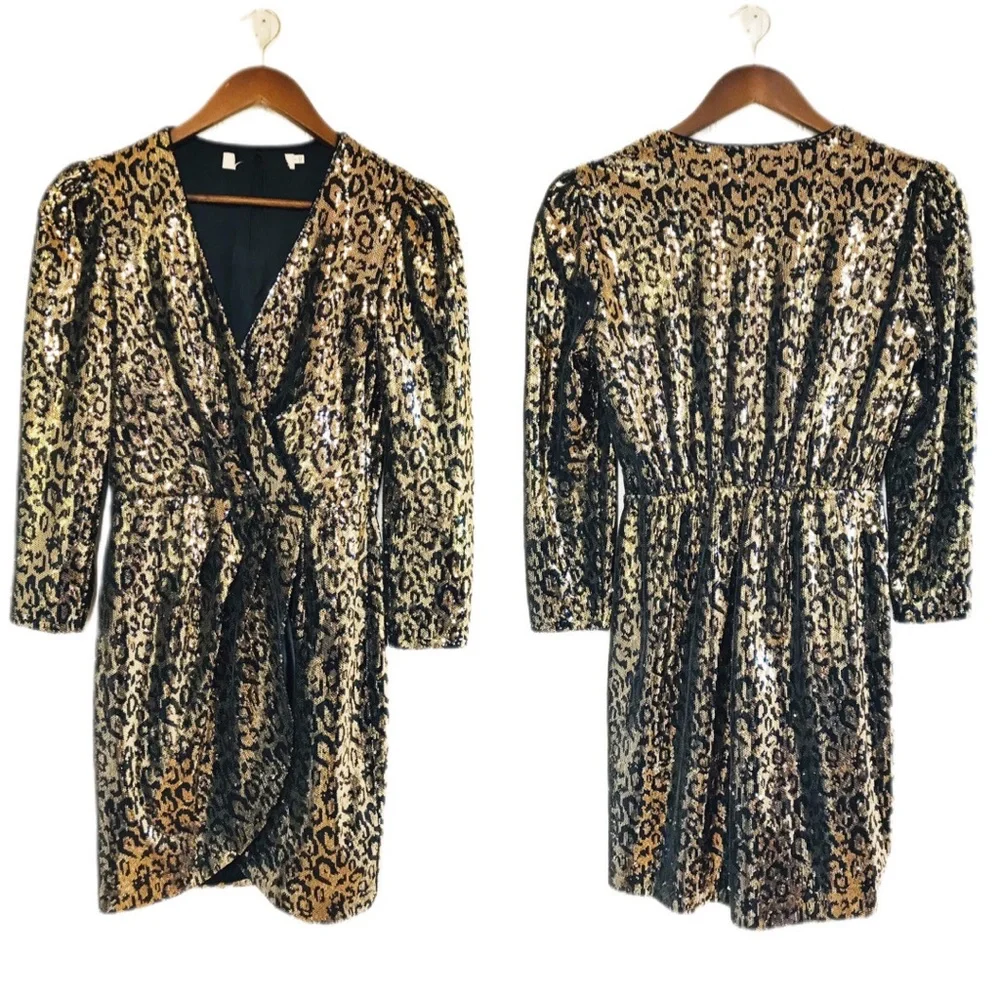 ASTR Selene Leopard Print Sequin Mini Dress Gold Black Wrap Mobwife‎ Size Small